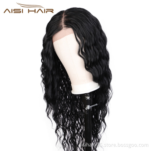 Aisi Hair 22 Inch Water Wave Natural Black Wig Long Wavy Swiss Lace Wig Wholesale Synthetic Lace Front Hair Wigs For Black Women
